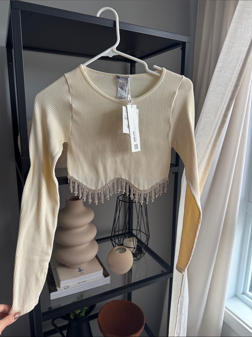 Zara Cream Ribbed Crop Top with Crystal Fringe